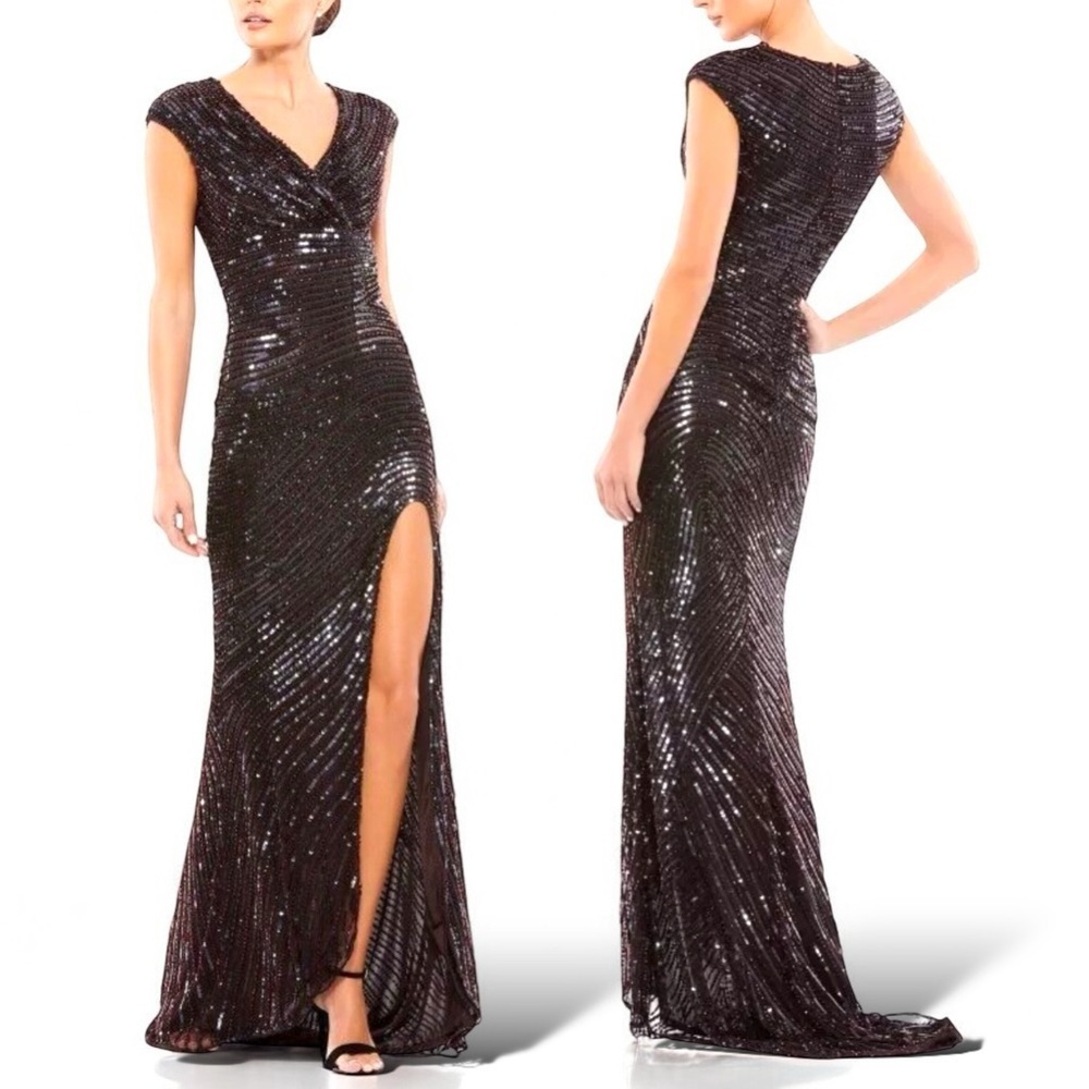 Mac Duggal Womens Brown Cap Sleeve Sequined Evening Gown Dress 5441 Size 14 NWT